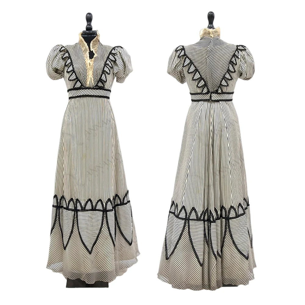 

1830s Gothic Striped Day Dress Victorian Edwardian Duchess Afternoon Walking Costume Civil War Southern Belle Ball Gown