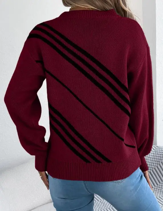 

Осенний повседневный полосатый пуловер с круглым вырезом и длинными рукавами для женщин, элегантный и модный полосатый лоскутный вязаный свитер
