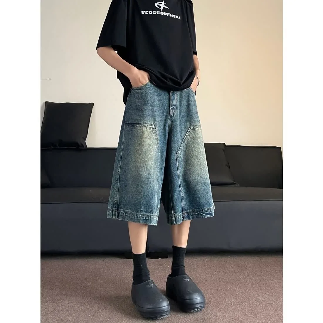 

Male Unisex Washed Vibe Distress Vintage Capri Pant Shorts Men High Street Streetwear Denim Shorts Trendy Ins Chic Pocket Shorts