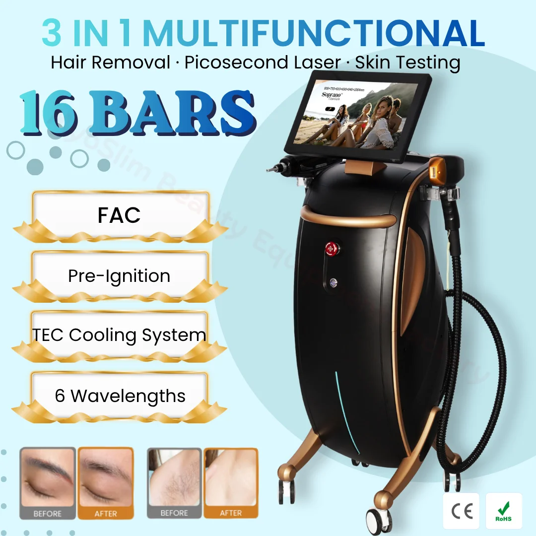 3 In 1 Picosecond Tattoo Spot Removal Diode Lase Hair Removal Machine 8000W 16 Bars FAC Double TEC Cooling Salon Beauty Device