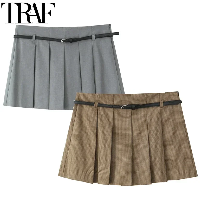 

TRAF Woman Skirts Mini Pleated Skirt Pants Fall Belt Skirts Women's Skort High Waist Gray Plaid Skirt Shorts Stylish Solid Skirt