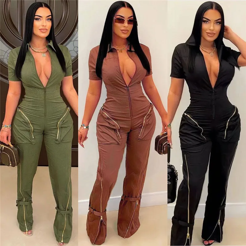 

New Design Zippers Women Jumpsuits Summer Short Sleeve Pockets Skinny Rompers Fashion Streetwear Casual Cargo Pants Dropship