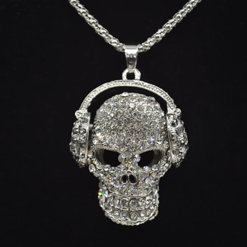 

Korean New Mens Women Saturn skull pendant necklace fashion full crystal headphones punk necklace jewelry Clothing Accessories