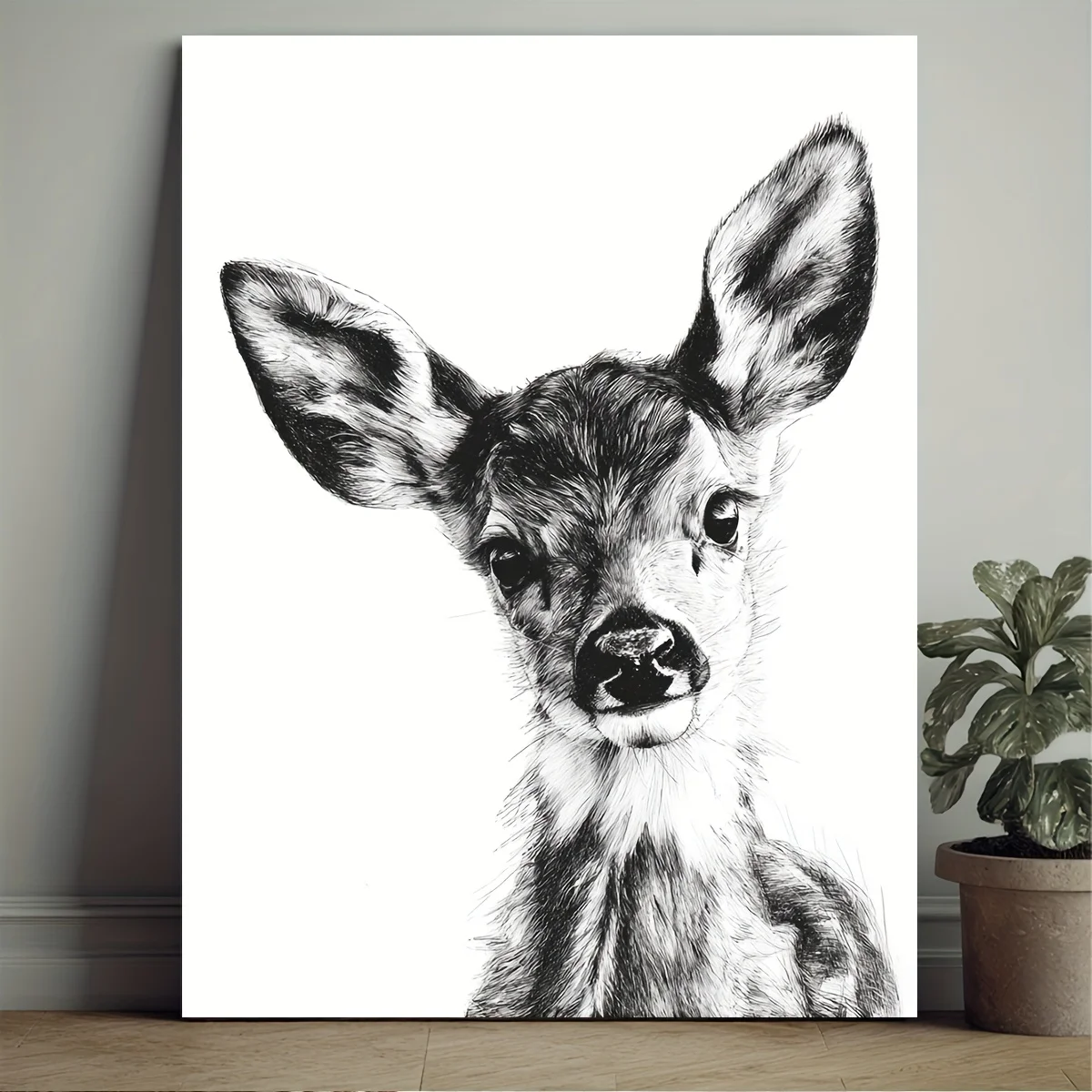 2D Flat, 1pc Framed Manga Style Deer - Black & White Fawn Nursery Rhyme Baby Shower Decor, Rustic Woodland Animal Sketch with