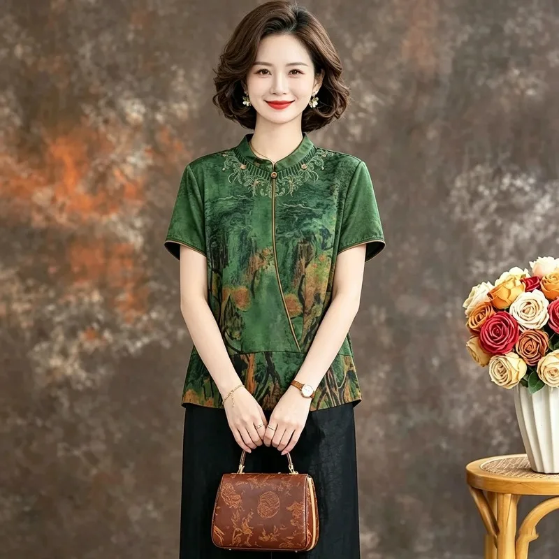 Chinese Style Embroidery Landscape Print Women Blouse Summer Silk Like Short Sleeve Plus Size Mom Top L-6XL