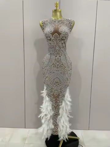 Women Sparkly Rhinestone Feathers Sleeveless O Neck Bodycon Long Dress Wedding Guest Gowns Luxury Birthday Evening Party Dress