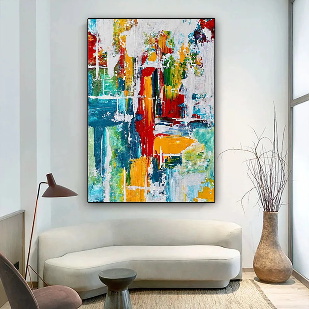 

Hand-Painted Oil Painting Abstract Canvas Poster Decor Home Villa Vertical Large-Size Mural Orange Blue Texture Wall Art Picture