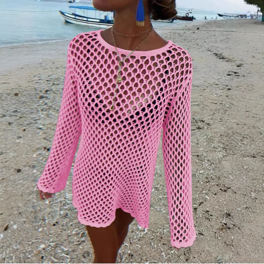 女性カバーアップ中空かぎ針編みカバーアップ水着ノースリーブビキニドレススモックスプリットセクシーなビーチニットウェア固体水着