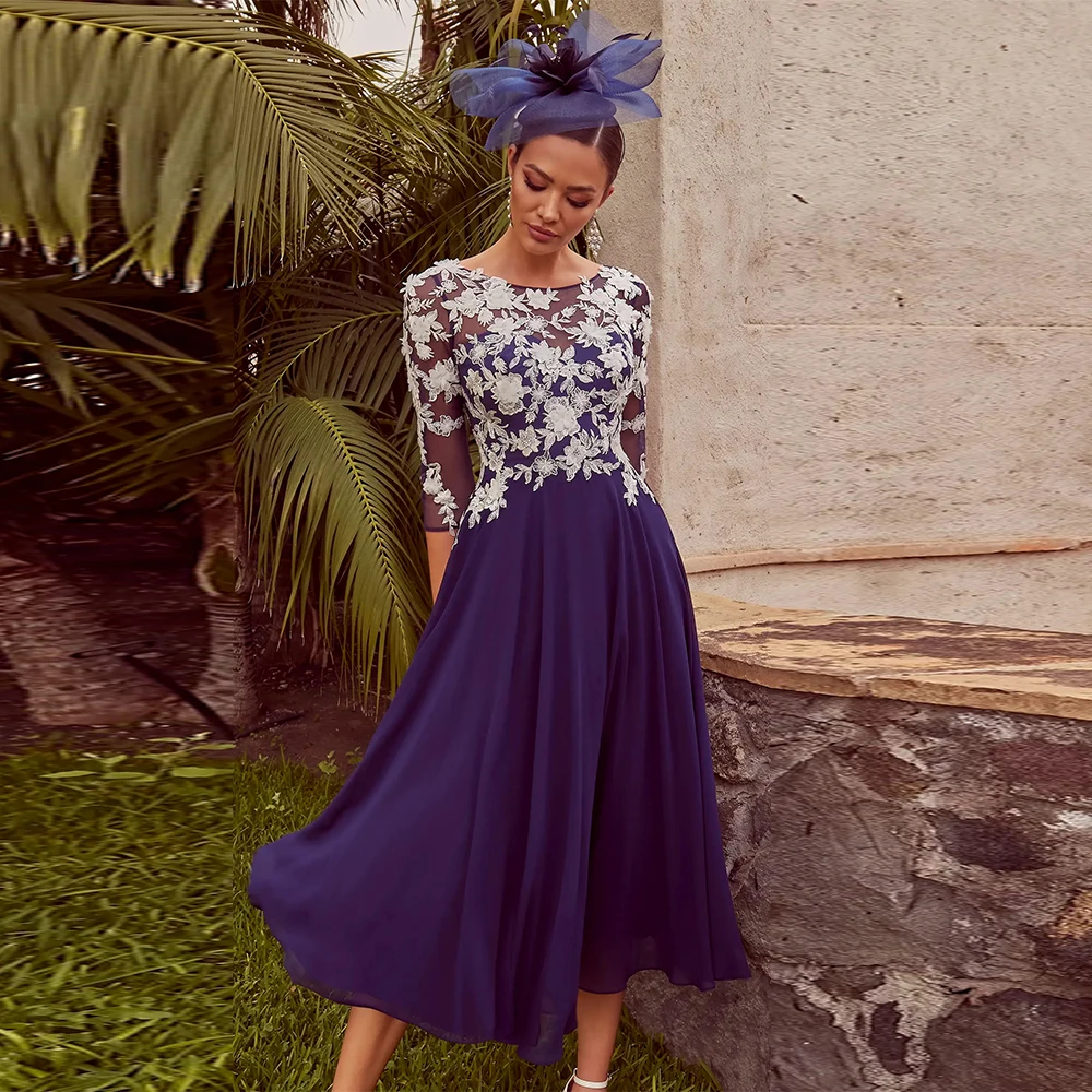 

Vintage Groom's Mother Dresses Chiffon A-line Cocktail Party Dress Navy Blue O-Neck Lace Ruched Mother of the Bride Dress 2025