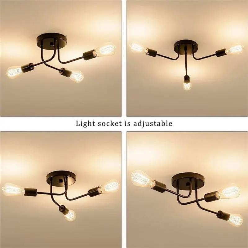 AS94-Vintage Style Industrial Semi Flush Mount Ceiling Light 3 Light Adjustable Metal Branched E27 Holder No Bulb Included