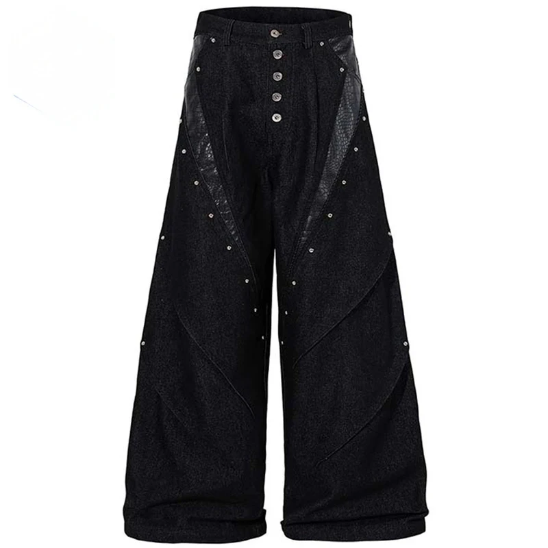

Мужские широкие джинсы с заклепками и нашивками, черные, свободного кроя, в стиле стритвир, хараджуку, хип-хоп