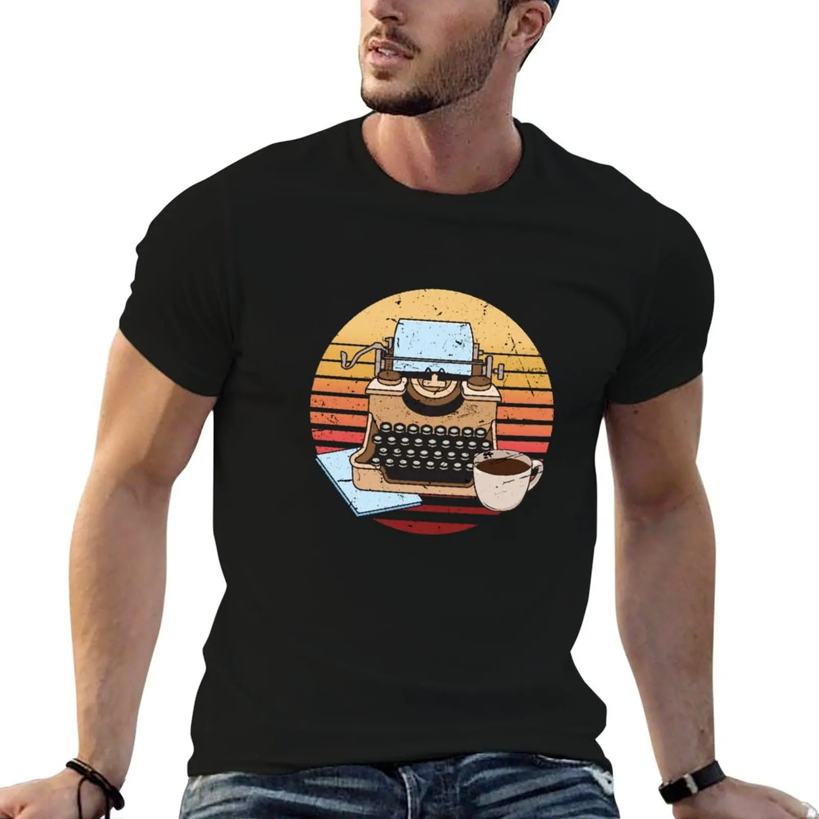 Classic Typewriter Sunset Coffee Notes Author Writer T-Shirt Stain Resistant Casual Tee