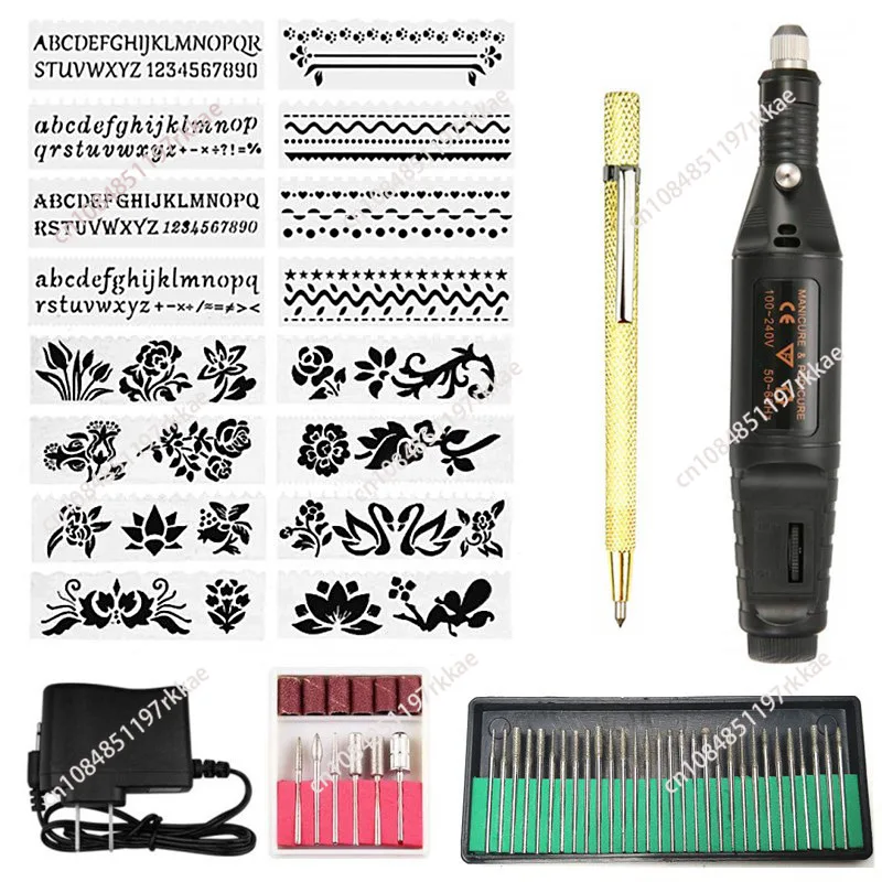 60PC speed regulation electric mill electric engraving pen flower and grass letter pattern scribing pen nail art tool