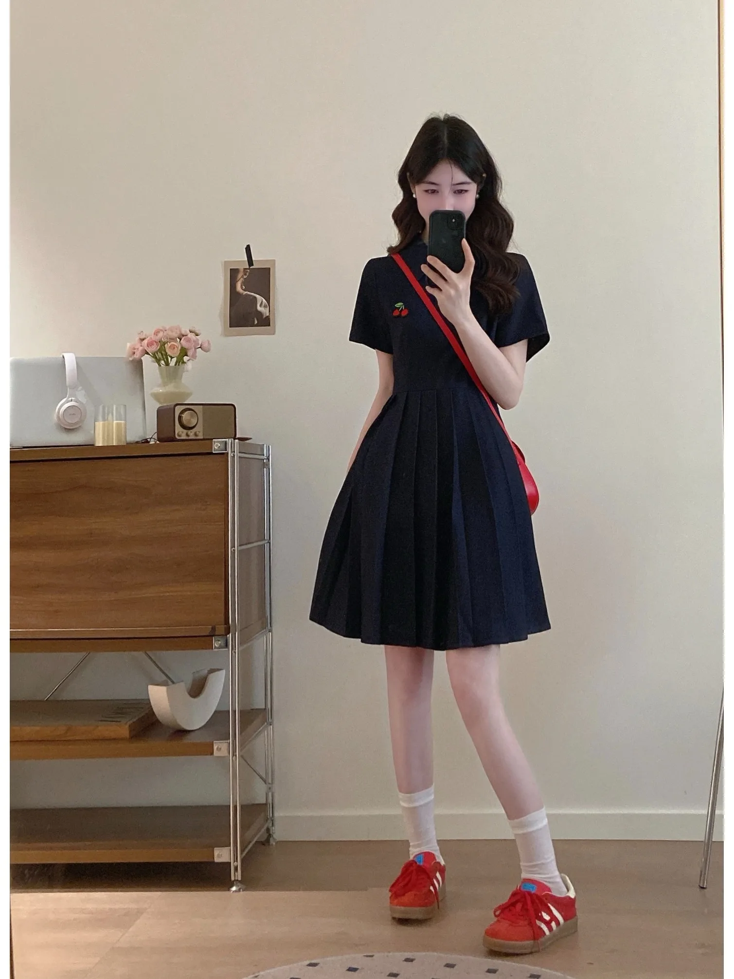 

plus Size Neck Short Sleeve Pleated Summer New Style Slimming Design College Style Dress A-Line Skirt Korean Commute Style