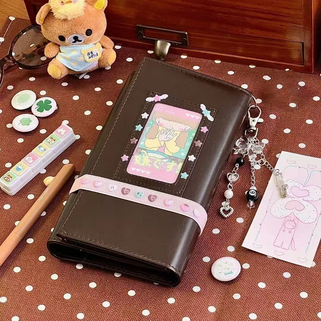Retro Japanese Diary Dark Brown A6 Tri-fold Leather Hand Ledger Loose-leaf Shell Girl High-looking Student Diary Notebook Gift