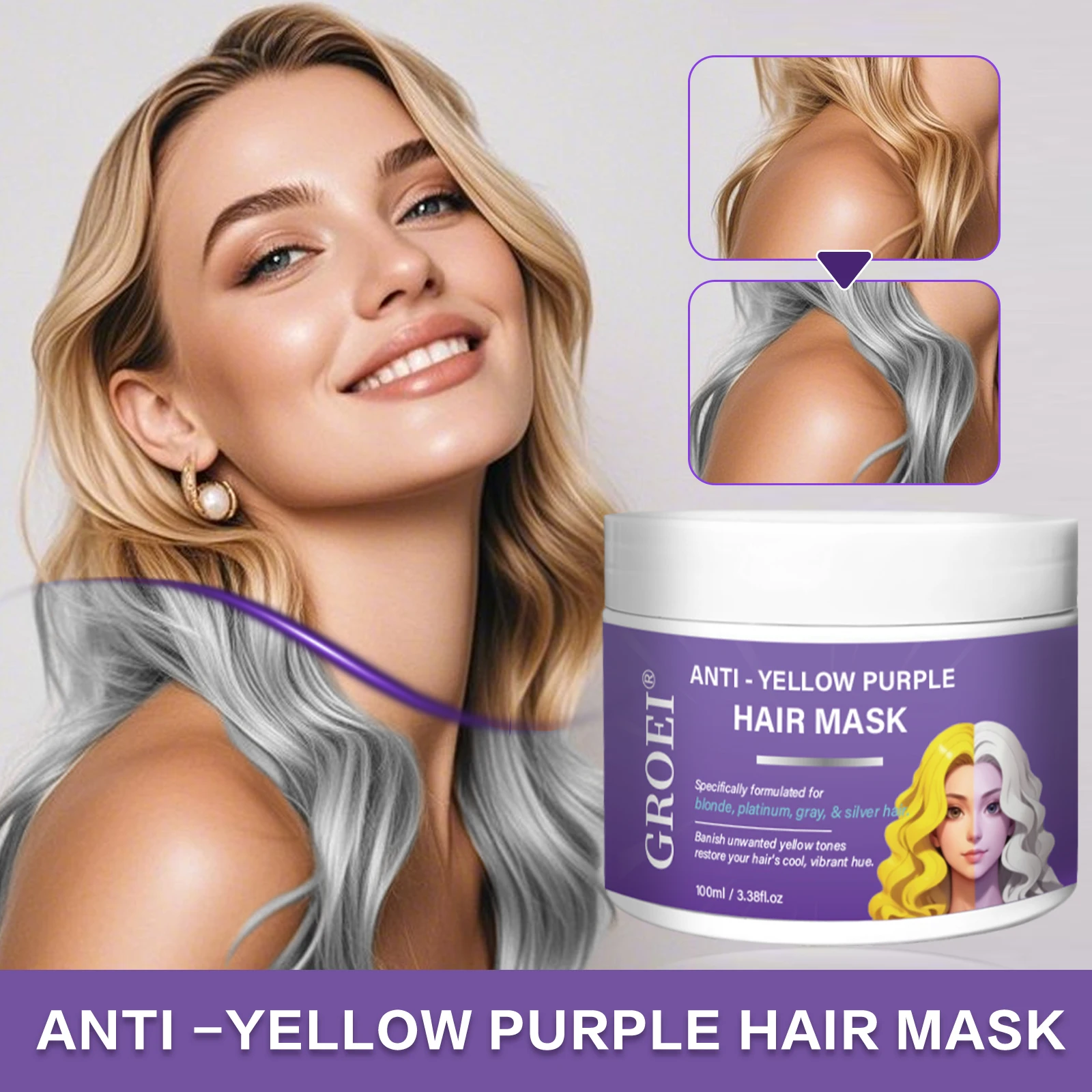 GROEI 100ml Purple Anti‑Brassy Hair Mask,Nourishing Toning Treatment for Blonde Silver Gray Dyed Hair Color Protection