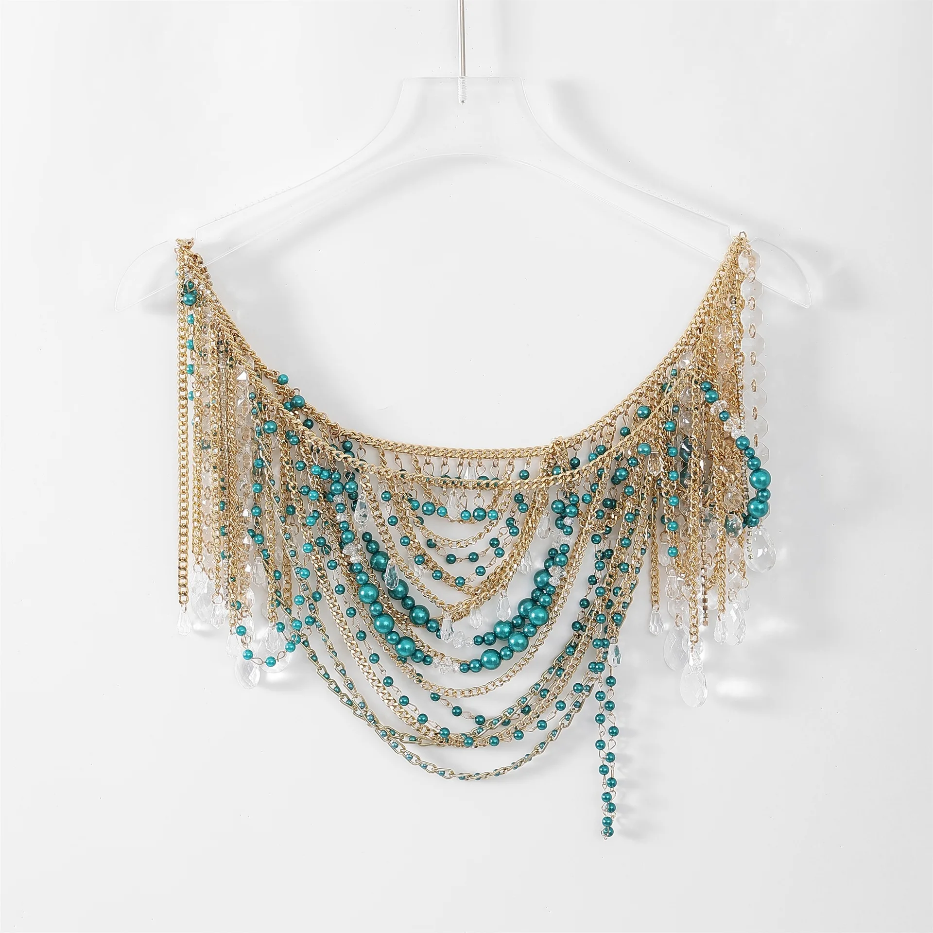 Fashionable Casual Corset Heavy Industry Colorful Body Chain Pearl Bra Backless Hanging Neck Bead Strapless Half Skirt Trendy
