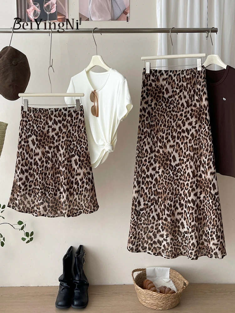 Beiyingni French Retro Mermaid Skirt Women Leopard Print Mesh A-line Midi Skirts Ladies Commute Elegant Contrast Skirt 2026 New