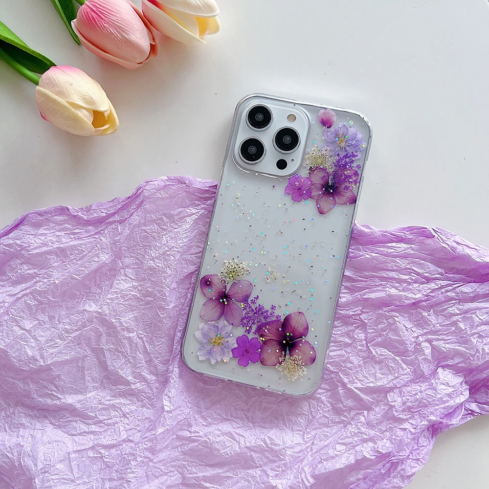 Qianliyao Purple Dry flower Phone Case For iPhone 16 15 14 13 12 11 Pro XR X XS Max 7 8 Plus 6 6s mini Soft Shockproof Cover