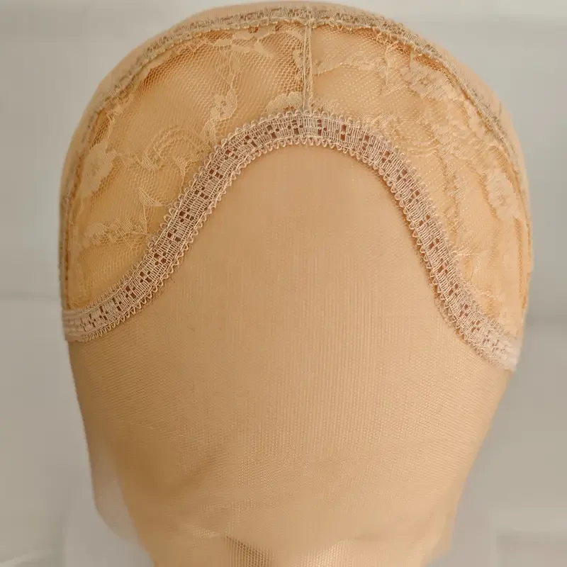 Beige Lace Frontal Wig Cap - Breathable Mesh Fabric with Elegant Floral Pattern, Ideal for Hair Styling and Protection