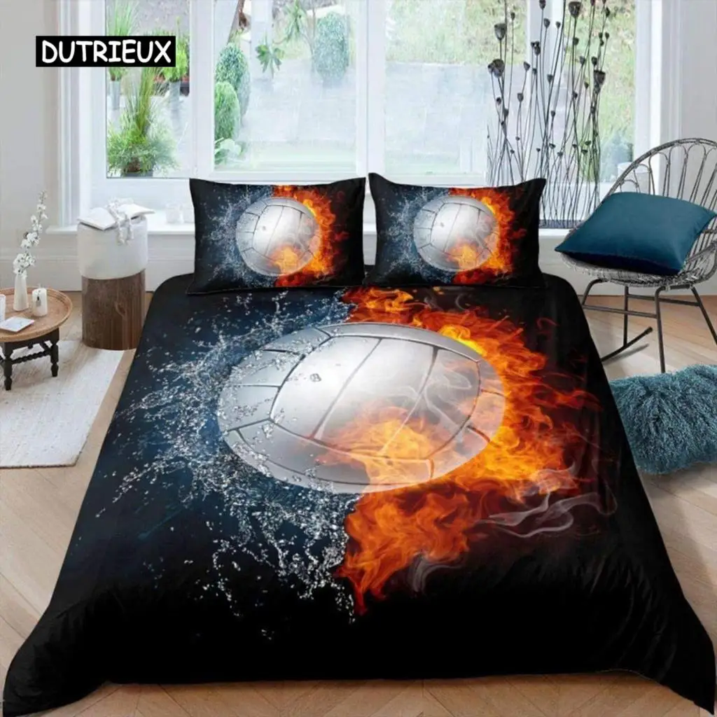 Volleyball Duvet Cover Set Microfiber Sports Ball Theme Fire And Water Blend Volleyball Twin Bedding Set Double Queen King Size