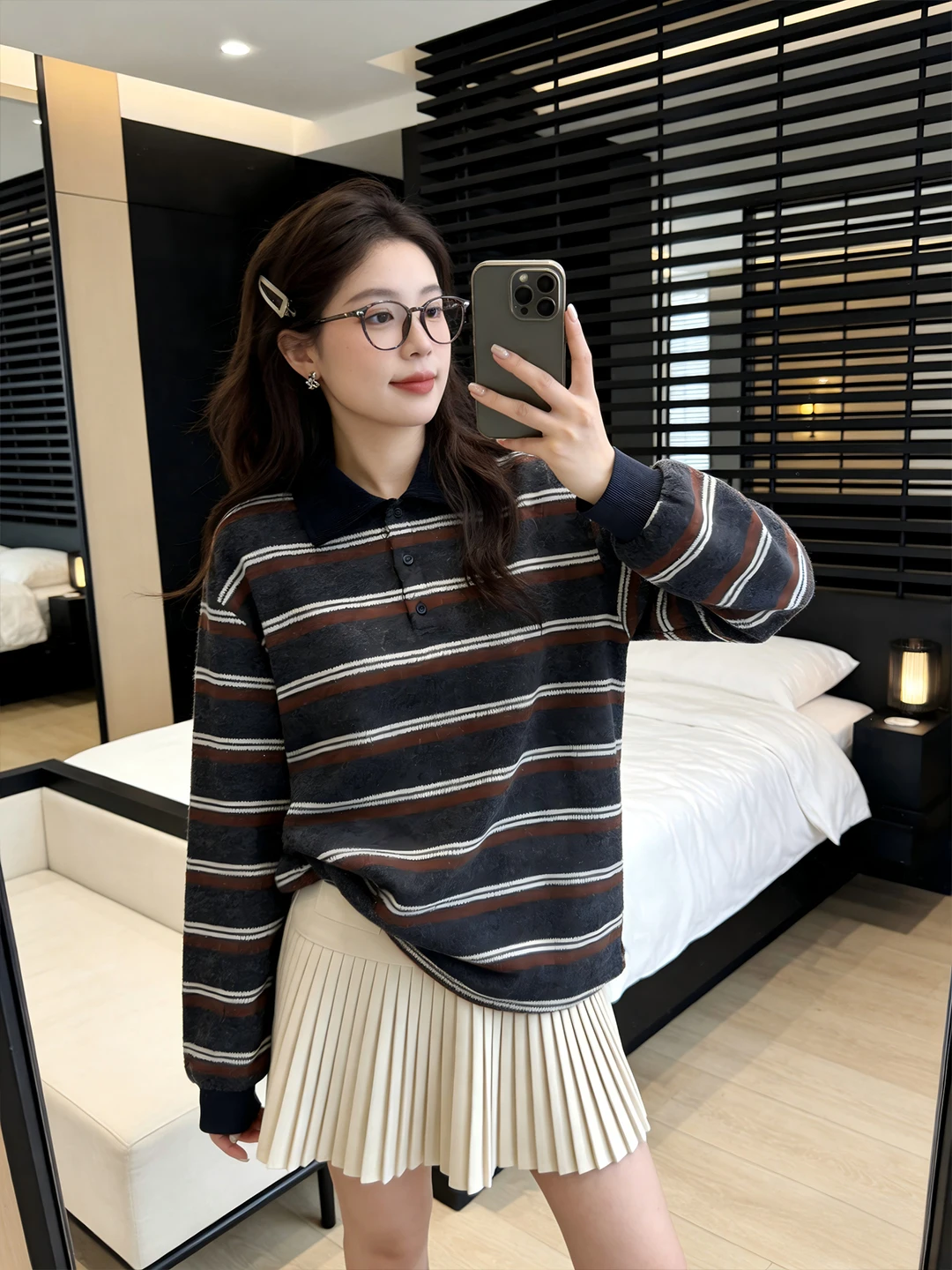 

Loose Knitted Base irt Korean Sle College Preppy Lazy Top Collar Small Size Striped Boting T-irt for Women