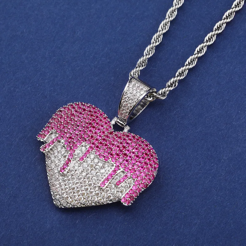 

Hip Hop AAA Cubic Zirconia Paved Bling Iced Out Melting Heart Lover Pendants Necklace for Women Men Rapper Jewelry