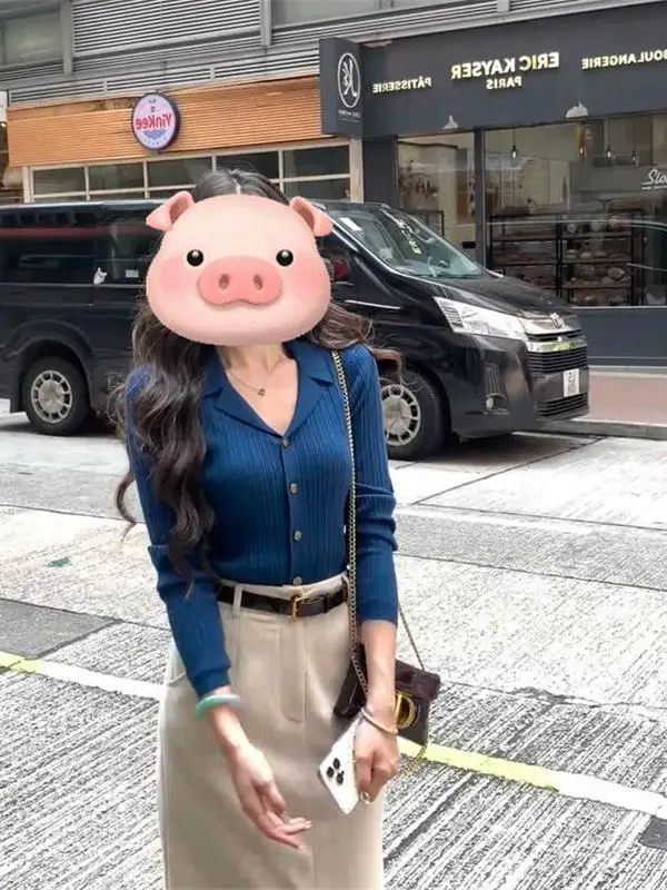 Faionable Blue Sister Set Women's Ele f-length Skirt And Top Ensemble Autumn Casual Sle Long Sve V-ne Button ...