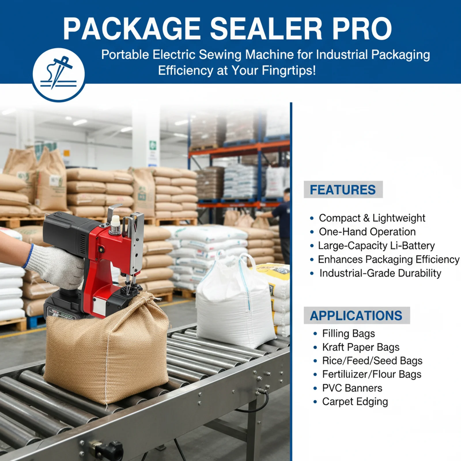 

Electric Bag Sewing Machine Handheld Bag Closer Battery Closing Stitcher for Woven Rice, Leather Bags Industrial Sewing Machine