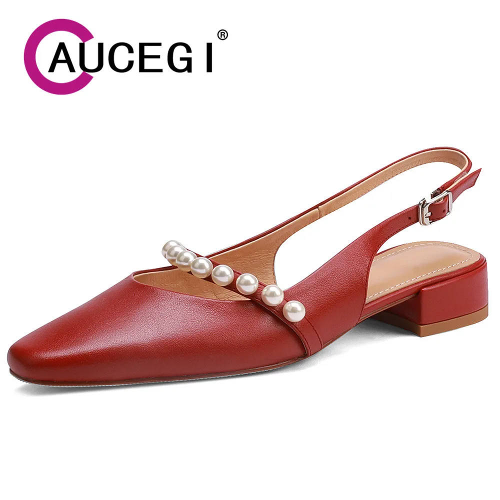 

Aucegi Summer Women Sandals Square Toe Low Heel Slingback Pumps Genuine Leather Pearl-Studded Concise Party Dress Modern Shoes