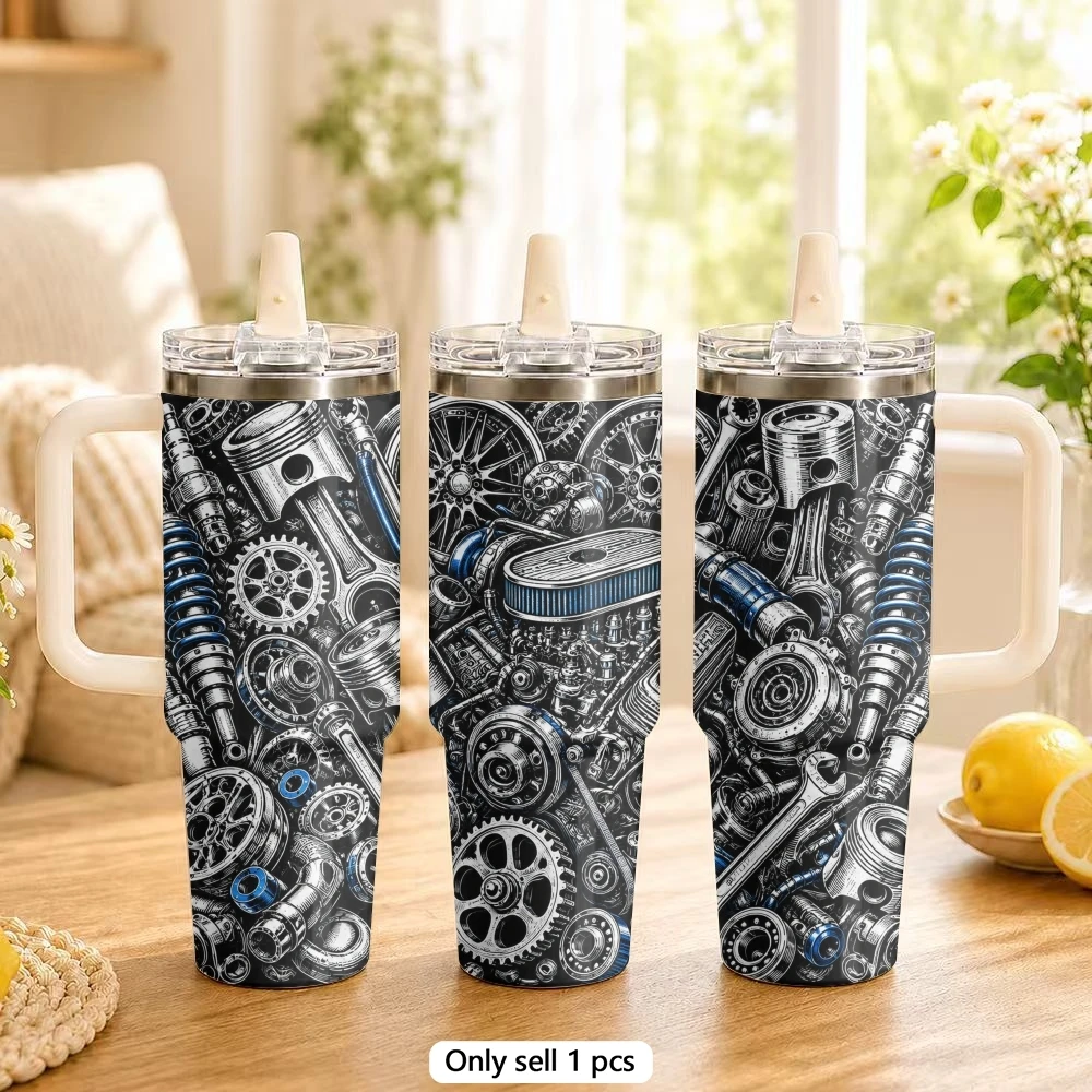 Mechanical Engine Vacuum Flasks 40oz Stainless Steel Tumbler with Handle Straw Lid Vacuum Insulated Double Wall Leak Proof