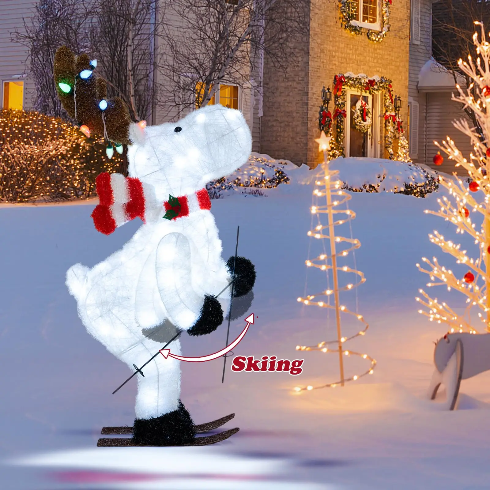 Christmas Lighted Skiing Reindeer, Pre-Lit Animated Skiing Deer Decorations with LED Lights & Scarf, Outdoor Yard