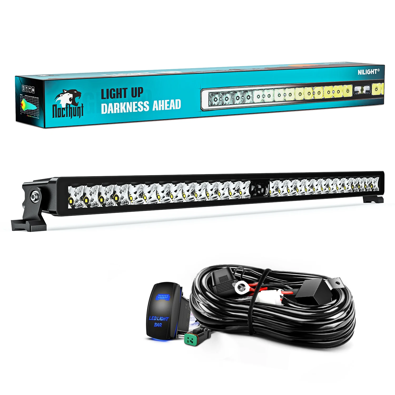 Nilight LED Light Bar 32inch 29LED Single Row Spot LED Light Screw-less Off Road Lights with 16AWG Rocker Switch Wiring Harness Kit for Work Light on Truck ATV UTV