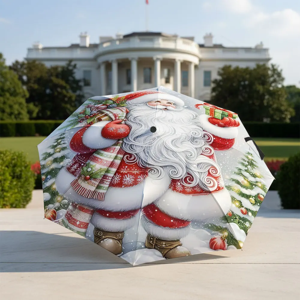 Santa Claus Holding Gift with Christmas Trees Compact Fashion Folding Umbrella for Daily Use, Christmas Gift