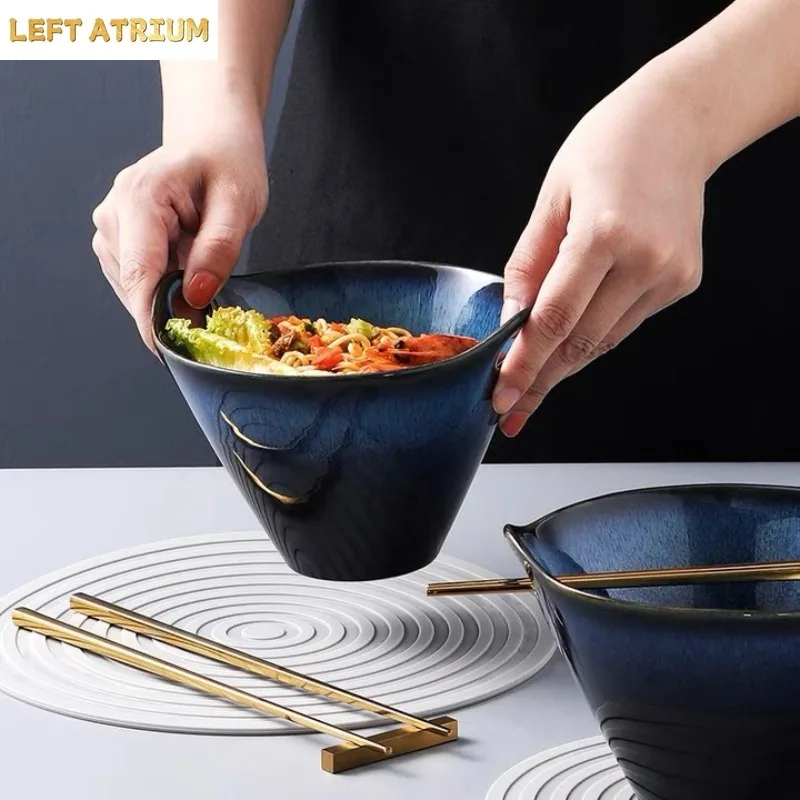 Nordic Style Kiln Variable Glaze Starry Sky Ceramic Tableware Household Fruit Salad Bowl Double-ear Soup Bowl Ramen Bowl