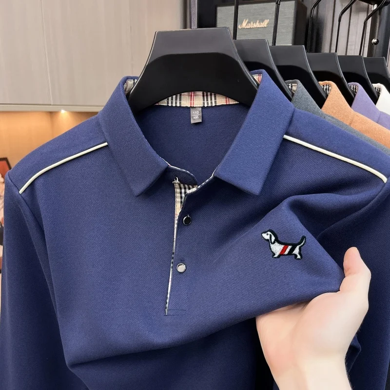 Luxuriöses Herren-Poloshirt mit Stickerei-Print, Herbst-Neuheit, einfarbig, langärmelig, mit Kragen, Business-Casual-Herrenbekleidung – Detail 13