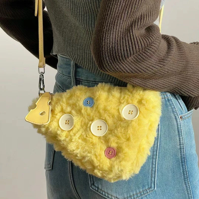 Autumn Winter Fashion Japanese Cute Button Cartoon Crossbody Bag The Single Shoulder Bag Kawaii Plush Cheese Women's Bag