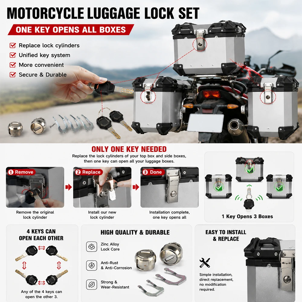 Motorcycle Luggage Lock Cylinder Set One Key Opens All Top & Side Cases | Universal Replacement Lock Core Kit For Tail Boxes