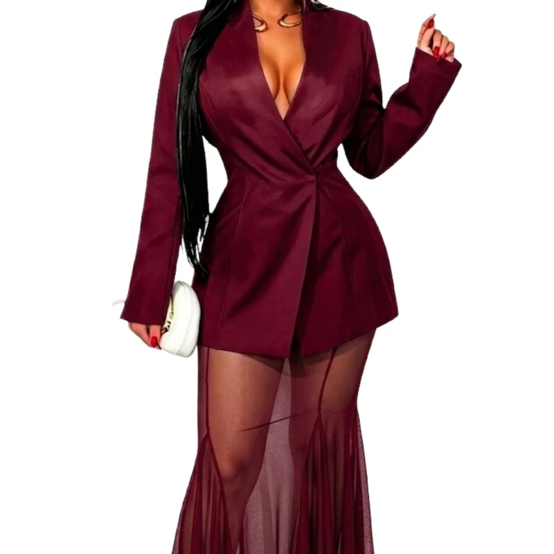 Women 2 Piece Sets Skirt Set Deep V Neck Full Sleeve Lapel Blazers Mermaid Skirts Sheer Mesh Y2k Streetwear Elegant Work Sexy view 6