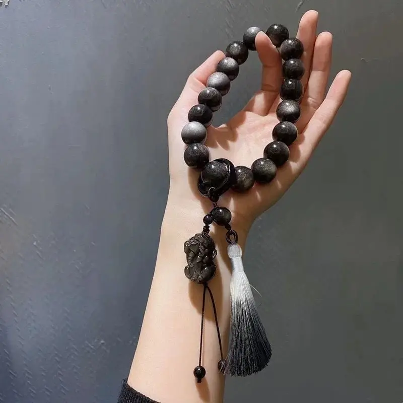 Natural Silver Stone Hand-Held Eighteen Prayer Beads Xingshi Men and Women Flexible Ring Obsidian Buddha Beads Bracelet