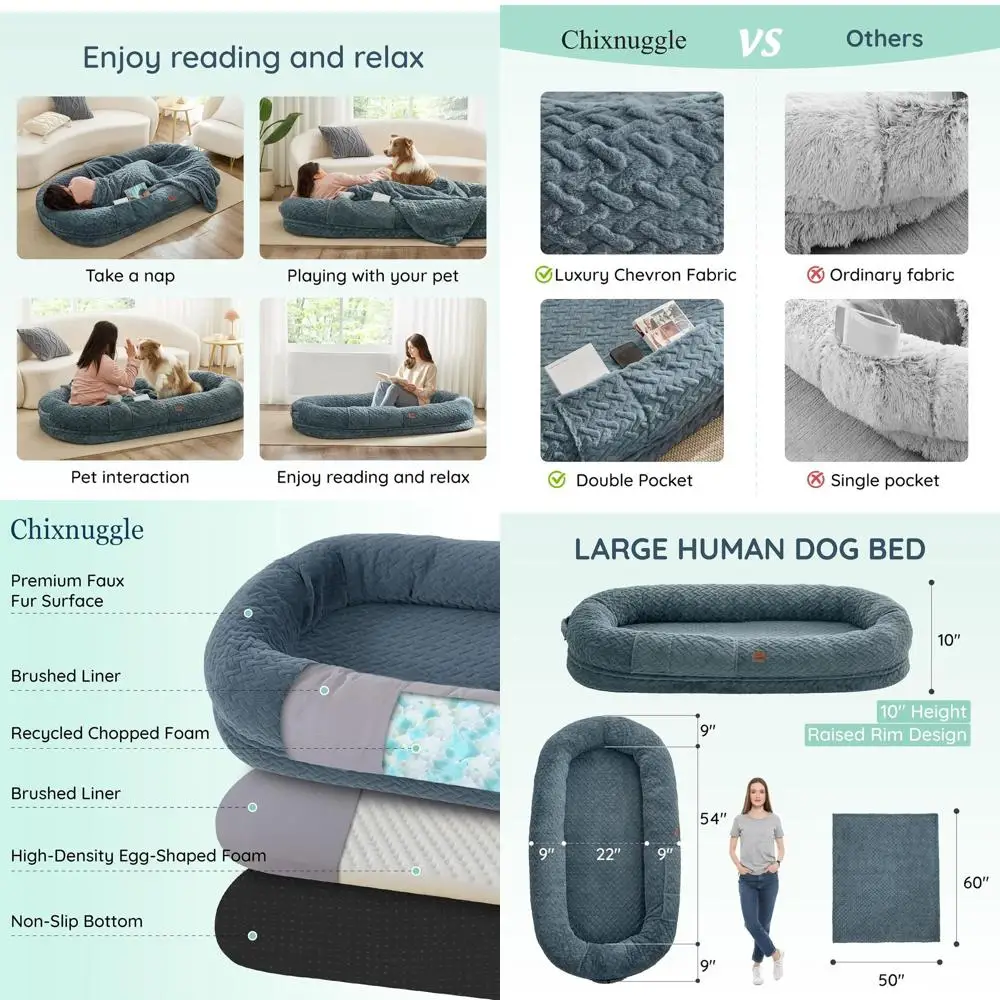 سرير كلب فاخر من الفرو الصناعي باللون الأزرق الرمادي مع مقبض، 72 × 40 × 10، للبالغين