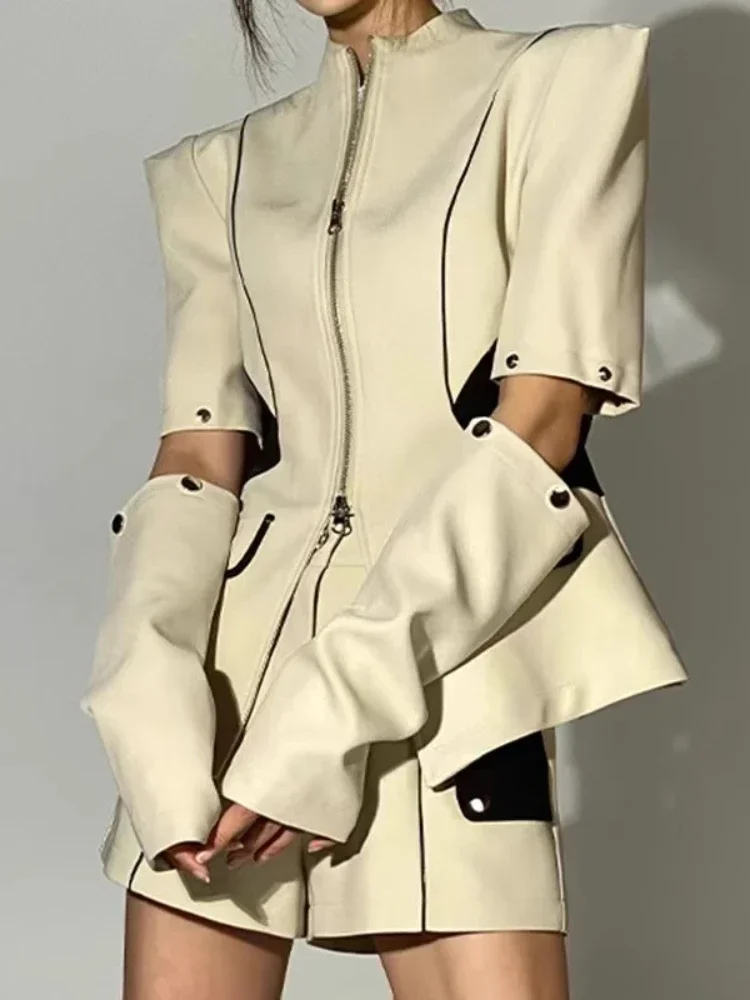 Hot Girls Y2k Beige Suit Fall/Winter New Fashion Motorcycle Jacket Strapless Tops Wide Leg Shorts Slim Retro 3-Piece Sets Women — zdjęcie 6