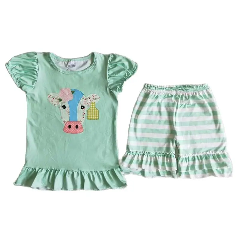 Wholesale Children Boutique Summer Clothes Baby Girl Sets Short Sleeves Green Cow Shirt Ruffle Striped Shorts Kids Outfit