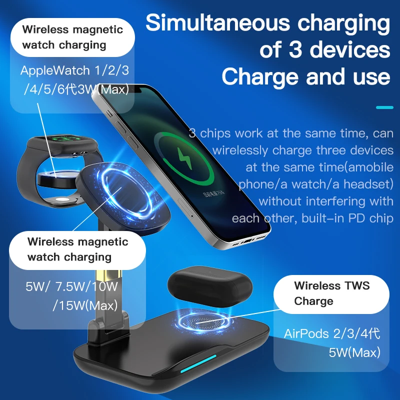 T8 3-in-1 18W Wireless Charger Magnetic attraction Foldable Qi Fast Charging Stand Dock for iPhone