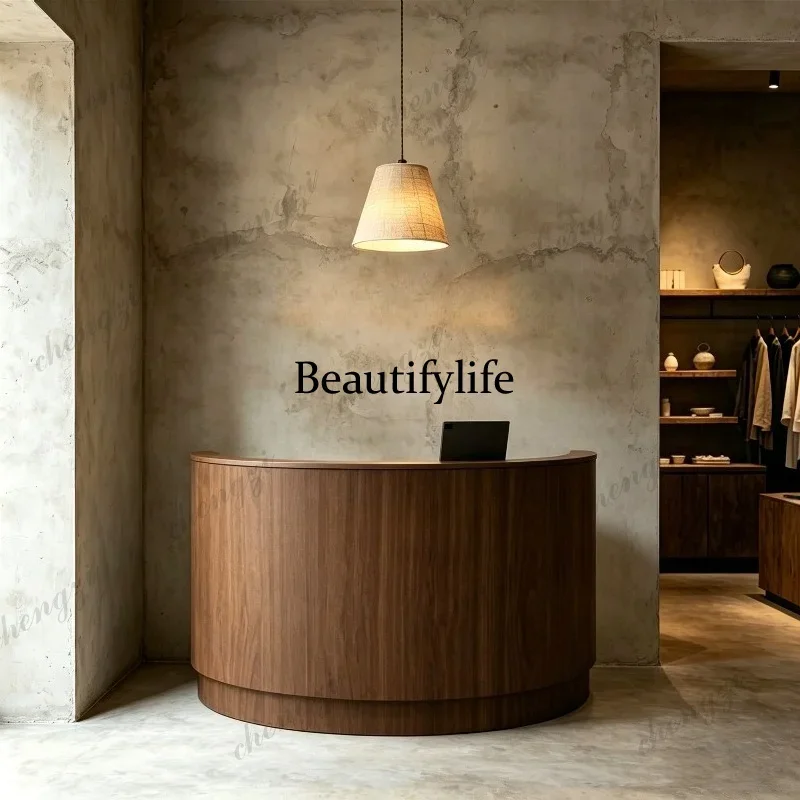 Z138 Wabi Sa medieval wood grain curved bar checkout page store small front desk hotel reception desk