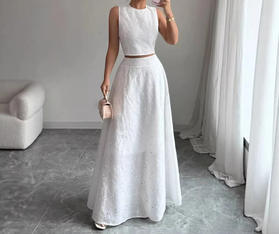 Two Piece Set Women Outfit 2026 Spring Summer New Solid Color Round Neck Sleeveless Vest Top & High Waist A-line Long Skirt Set