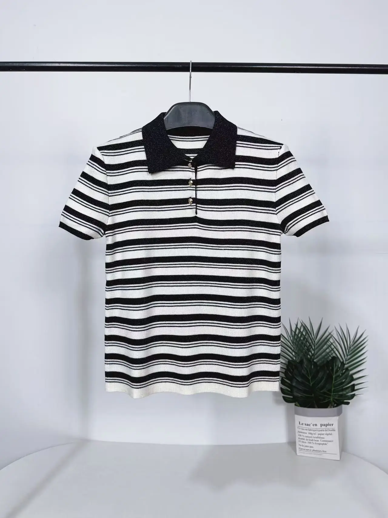 Nordic Style Women's Short Sleeve  Shirt Knitted Shiny Thread Core Twist Stripe Collar T-Shirt Casual Slim Fit Summer Top