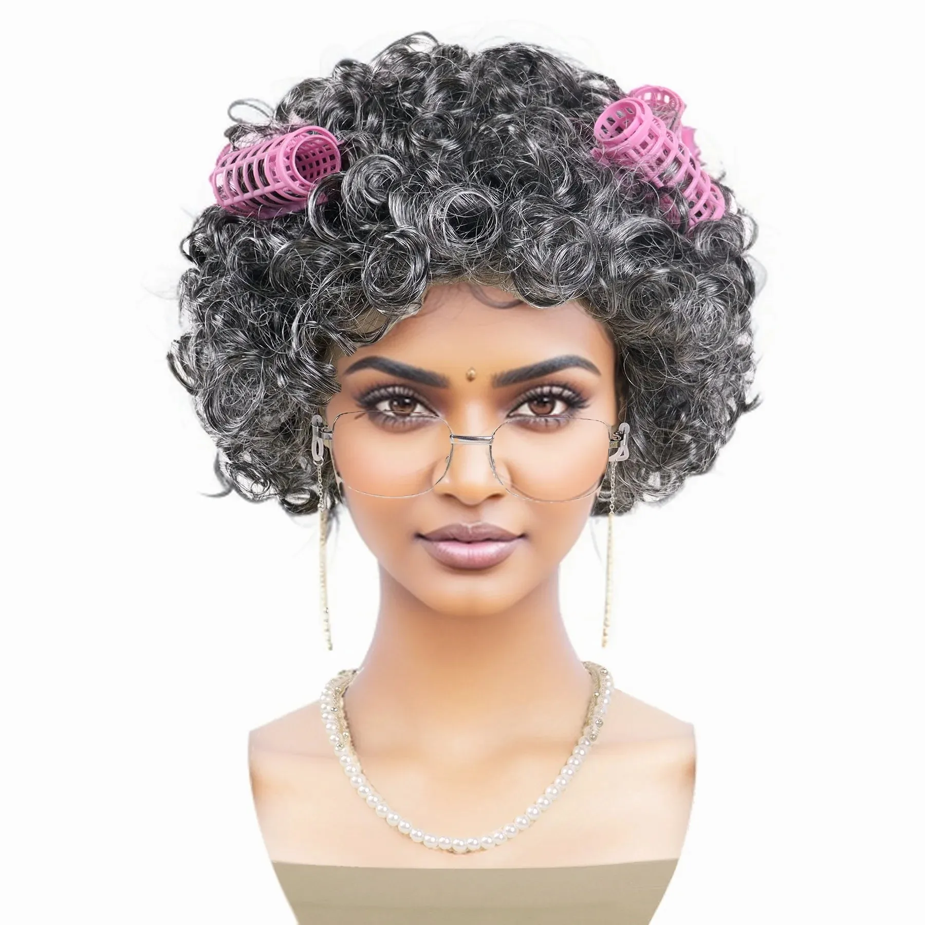 Synthetic Granny Wig Set with Glasses and Necklace for Costume Parties S37d946826b72401e9c4d8a419ba3f  main image 4
