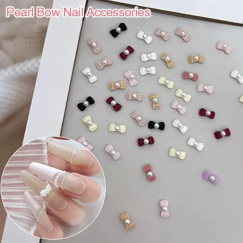 

20Pcs Solid Color Minimalist Pearl Bows Nail Charms Bowknots Mini Resin Rhinestones Inlaid Nail Art Decorations For DIY Manicure