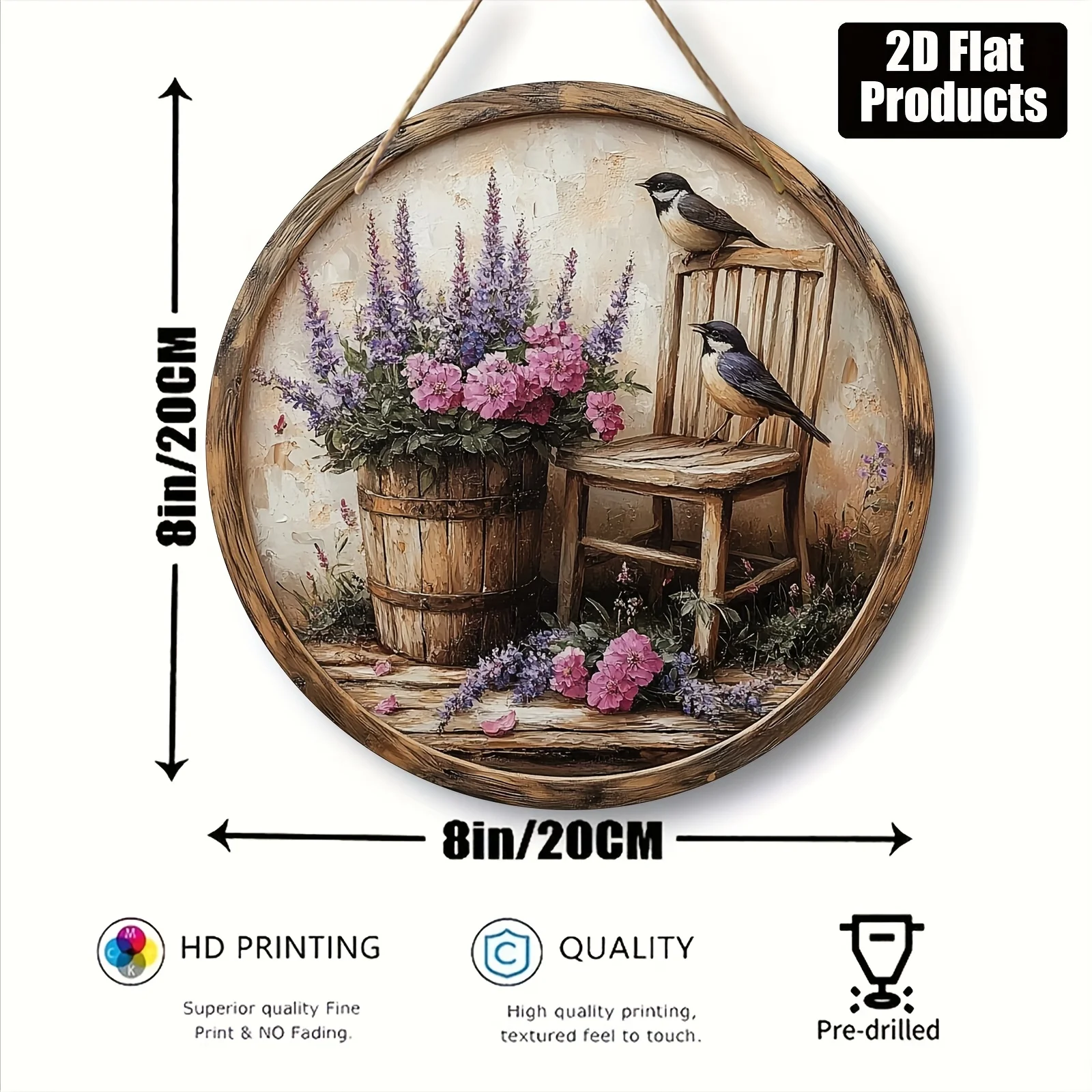 2D Flat, Round Wooden Board Decorative Sign, - Bird and Floral Wall Art Theme. Suitable for Bar Kitchen Cafe Home Room Living Of
